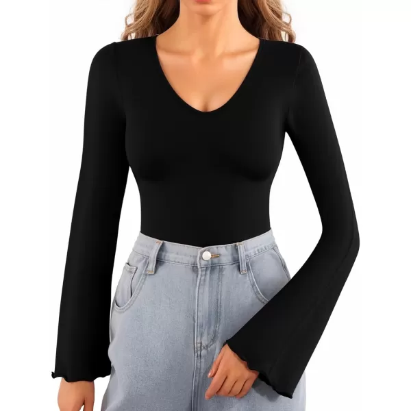 MANGOPOP Bodysuit for Women Modal V Neck Folded Over Long Short Bell Sleeve Tops JumpsuitAblack