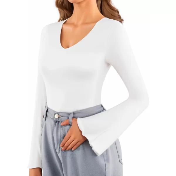 MANGOPOP Bodysuit for Women Modal V Neck Folded Over Long Short Bell Sleeve Tops JumpsuitAwhite