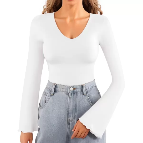 MANGOPOP Bodysuit for Women Modal V Neck Folded Over Long Short Bell Sleeve Tops JumpsuitAwhite