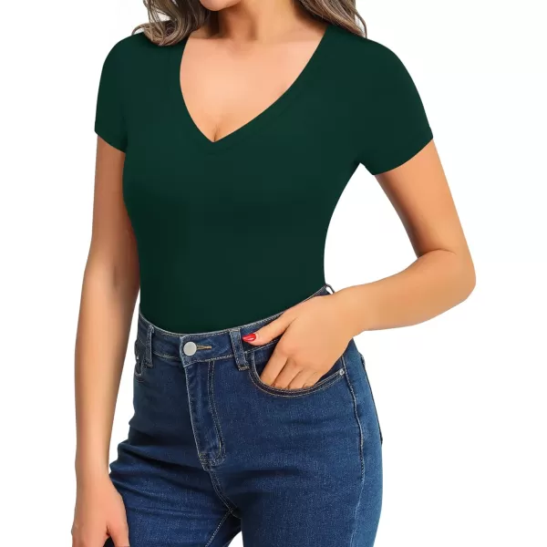 MANGOPOP Bodysuit for Women Modal V Neck Folded Over Long Short Bell Sleeve Tops JumpsuitDeep Green