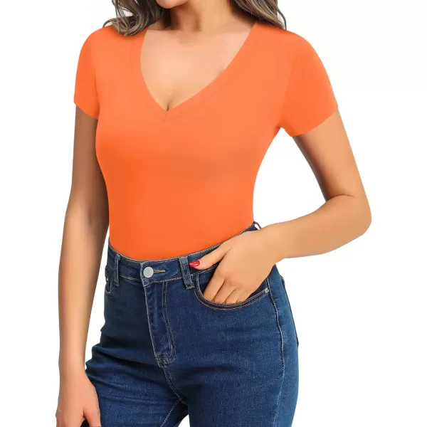 MANGOPOP Bodysuit for Women Modal V Neck Folded Over Long Short Bell Sleeve Tops JumpsuitOrange