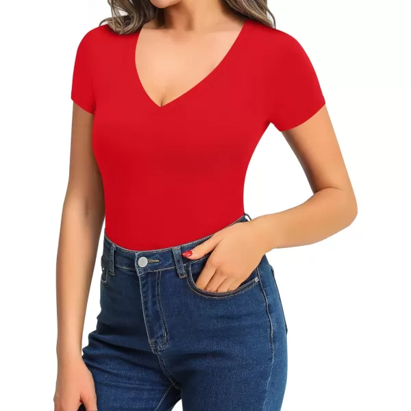 MANGOPOP Bodysuit for Women Modal V Neck Folded Over Long Short Bell Sleeve Tops JumpsuitRed