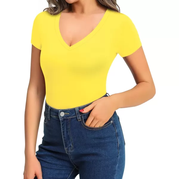 MANGOPOP Bodysuit for Women Modal V Neck Folded Over Long Short Bell Sleeve Tops JumpsuitYellow