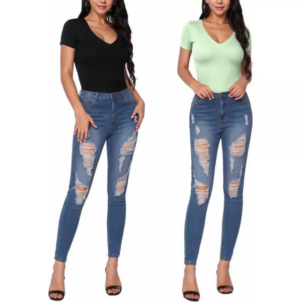 MANGOPOP Deep V Neck Short Sleeve Tops Bodysuit for Women ClothingFern Green