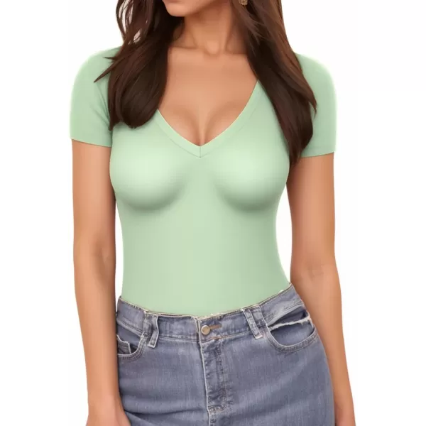 MANGOPOP Deep V Neck Short Sleeve Tops Bodysuit for Women ClothingFern Green