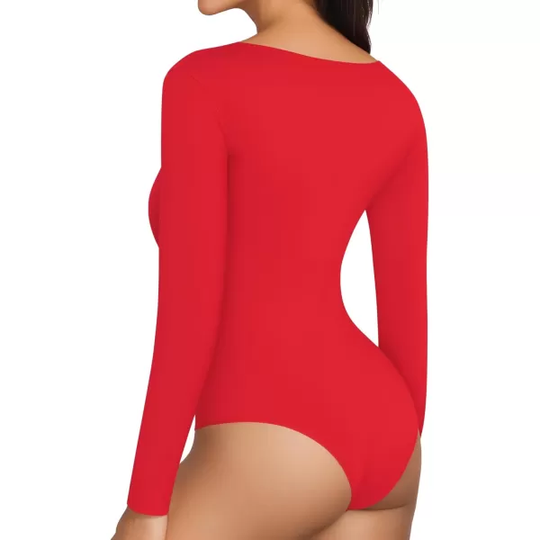 MANGOPOP Double Lined Bodysuit Women Long Sleeve Scoop Neck Bodysuit Basic Shirts TopsRed