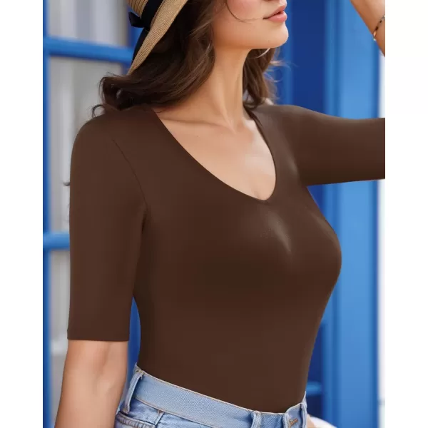 MANGOPOP Half Sleeve Bodysuit V Neck Bodysuit Shirts for WomenCoffee