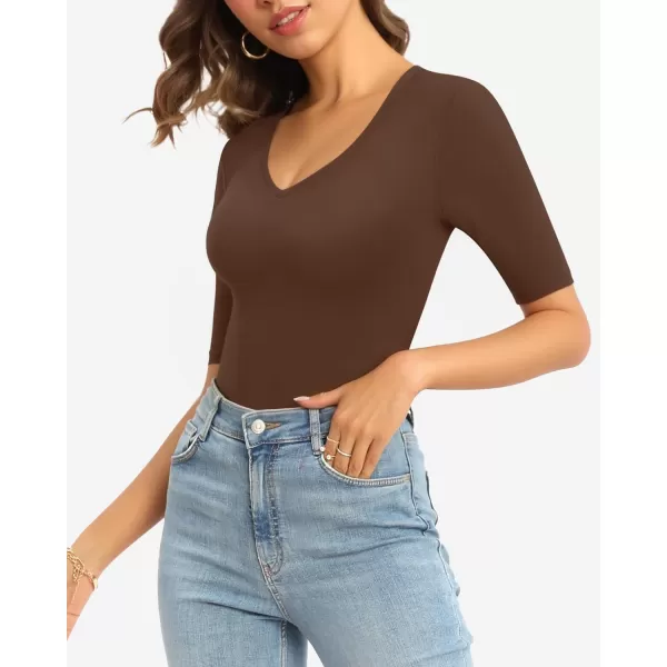 MANGOPOP Half Sleeve Bodysuit V Neck Bodysuit Shirts for WomenCoffee