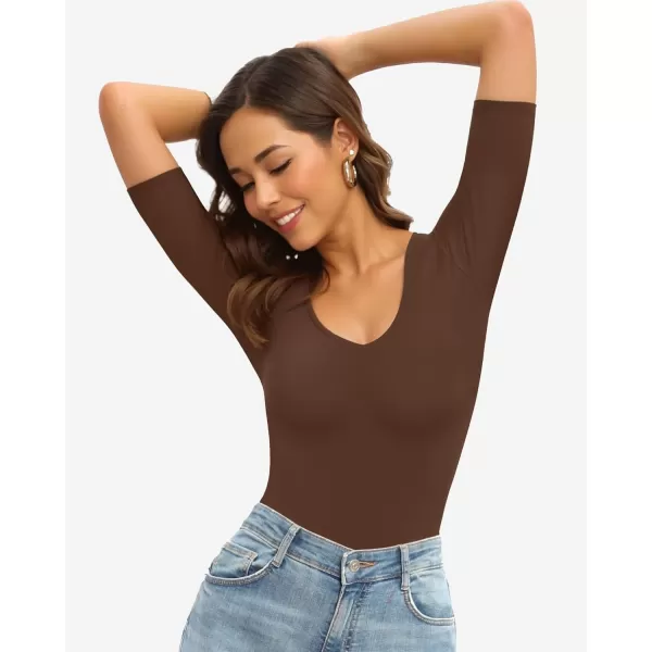 MANGOPOP Half Sleeve Bodysuit V Neck Bodysuit Shirts for WomenCoffee