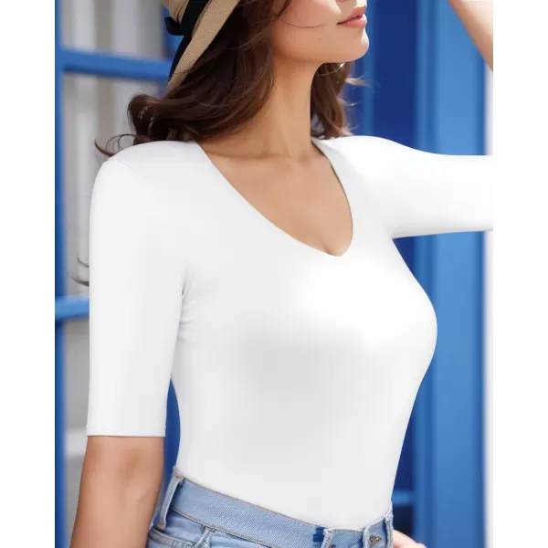 MANGOPOP Half Sleeve Bodysuit V Neck Bodysuit Shirts for WomenWhite