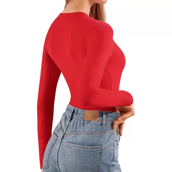 MANGOPOP Long Sleeve Bodysuit for Women Fleece Lined Slimming Crew Neck Bodysuits for Women Going Out Thermal TopsLong Sleeve Red Fleece Lined