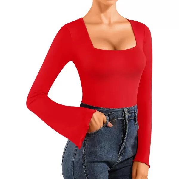 MANGOPOP Long Sleeve Bodysuit for Women Sexy Square Neck Body Suits Flare Sleeves Going Out TopsA Long Sleeve Red