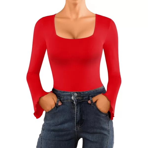 MANGOPOP Long Sleeve Bodysuit for Women Sexy Square Neck Body Suits Flare Sleeves Going Out TopsA Long Sleeve Red