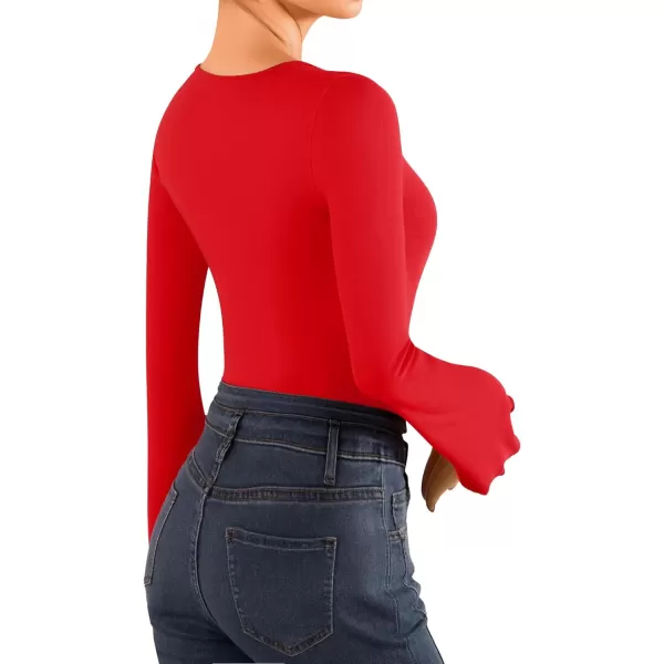 MANGOPOP Long Sleeve Bodysuit for Women Sexy Square Neck Body Suits Flare Sleeves Going Out TopsA Long Sleeve Red