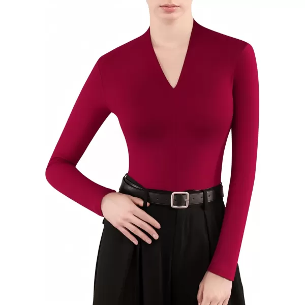 MANGOPOP Long Sleeve Bodysuit for Women V neck Womens Body Suit Fitted Tops ShirtsLong Sleeve Burgundy