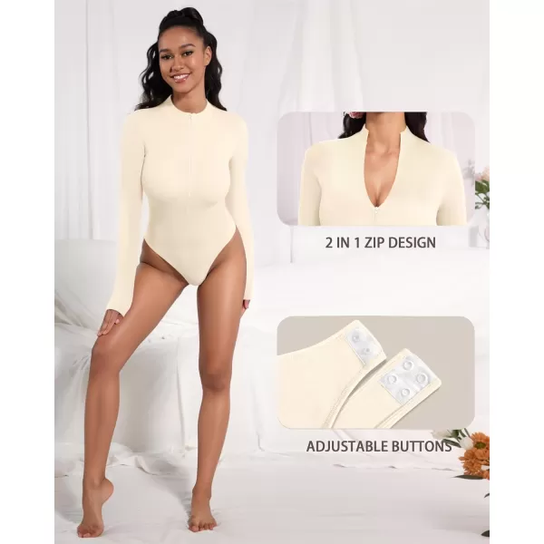 MANGOPOP Long Sleeve Thong bodysuit Shapewear Tummy Control Mock TurtleNeck Zip Up Bodysuits for Women Ribbed SeamlessBeige