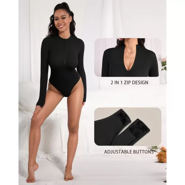 MANGOPOP Long Sleeve Thong bodysuit Shapewear Tummy Control Mock TurtleNeck Zip Up Bodysuits for Women Ribbed SeamlessBlack