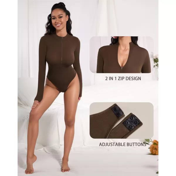 MANGOPOP Long Sleeve Thong bodysuit Shapewear Tummy Control Mock TurtleNeck Zip Up Bodysuits for Women Ribbed SeamlessCoffee