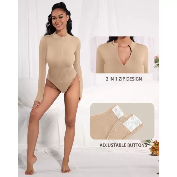 MANGOPOP Long Sleeve Thong bodysuit Shapewear Tummy Control Mock TurtleNeck Zip Up Bodysuits for Women Ribbed SeamlessLight Camel