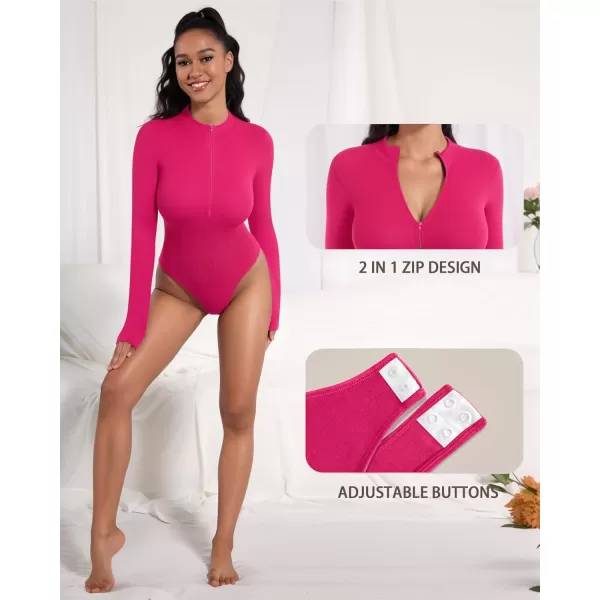 MANGOPOP Long Sleeve Thong bodysuit Shapewear Tummy Control Mock TurtleNeck Zip Up Bodysuits for Women Ribbed SeamlessRose Pink