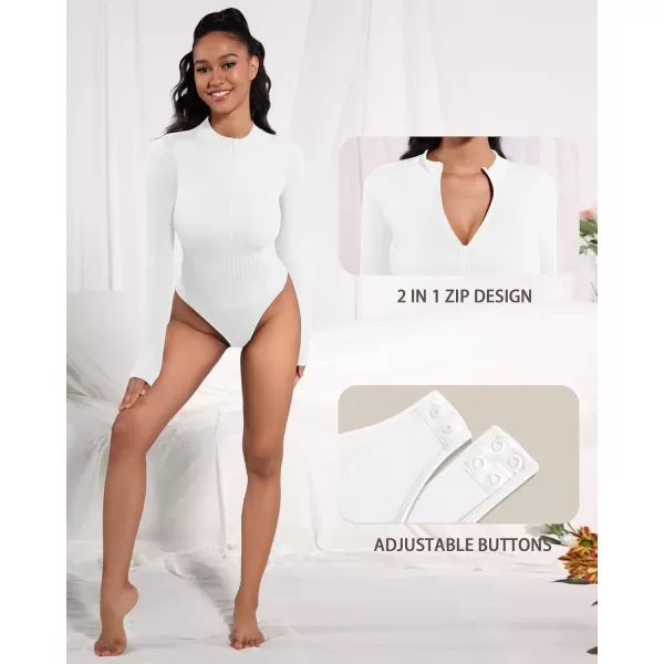 MANGOPOP Long Sleeve Thong bodysuit Shapewear Tummy Control Mock TurtleNeck Zip Up Bodysuits for Women Ribbed SeamlessWhite