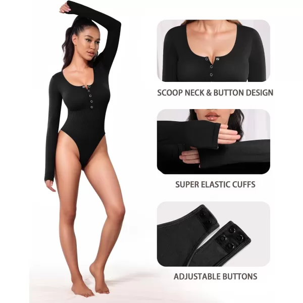 MANGOPOP Scoop Neck Henley Bodysuit Shirts for Women Button Down Basic Ribbed Thong BodysuitsLong Sleeve Black