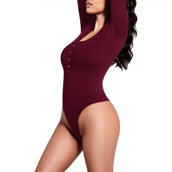 MANGOPOP Scoop Neck Henley Bodysuit Shirts for Women Button Down Basic Ribbed Thong BodysuitsLong Sleeve Burgundy