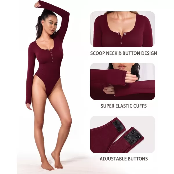 MANGOPOP Scoop Neck Henley Bodysuit Shirts for Women Button Down Basic Ribbed Thong BodysuitsLong Sleeve Burgundy