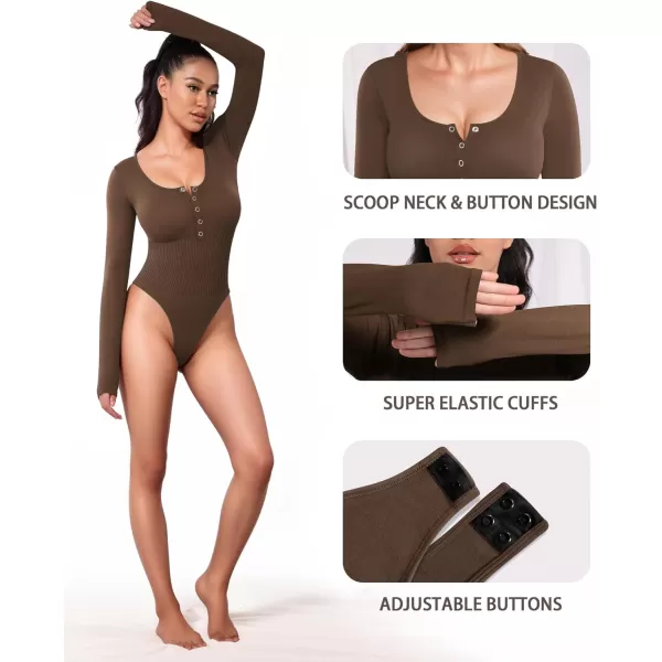 MANGOPOP Scoop Neck Henley Bodysuit Shirts for Women Button Down Basic Ribbed Thong BodysuitsLong Sleeve Coffee