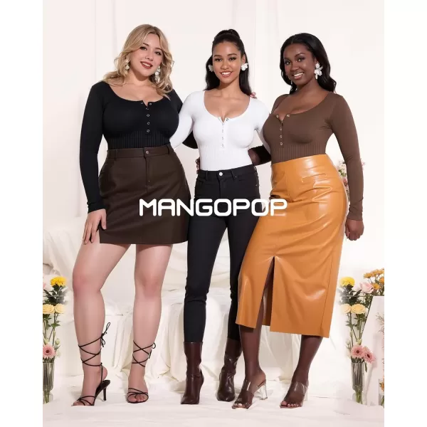 MANGOPOP Scoop Neck Henley Bodysuit Shirts for Women Button Down Basic Ribbed Thong BodysuitsLong Sleeve Coffee