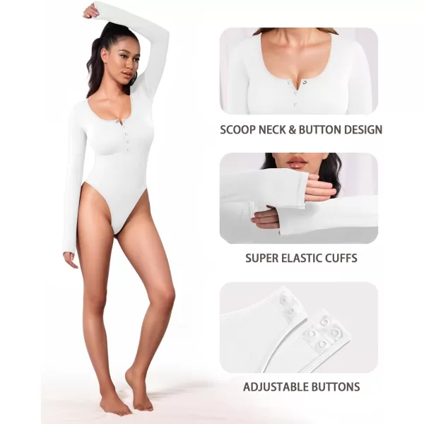 MANGOPOP Scoop Neck Henley Bodysuit Shirts for Women Button Down Basic Ribbed Thong BodysuitsLong Sleeve White