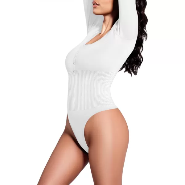 MANGOPOP Scoop Neck Henley Bodysuit Shirts for Women Button Down Basic Ribbed Thong BodysuitsLong Sleeve White