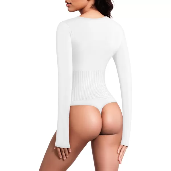 MANGOPOP Scoop Neck Henley Bodysuit Shirts for Women Button Down Basic Ribbed Thong BodysuitsLong Sleeve White