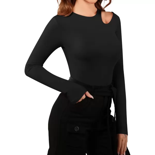 MANGOPOP Sexy Cut Out Round Neck Long Sleeve Bodysuit Tops One Shoulder Off Body Suits for WomensAblack