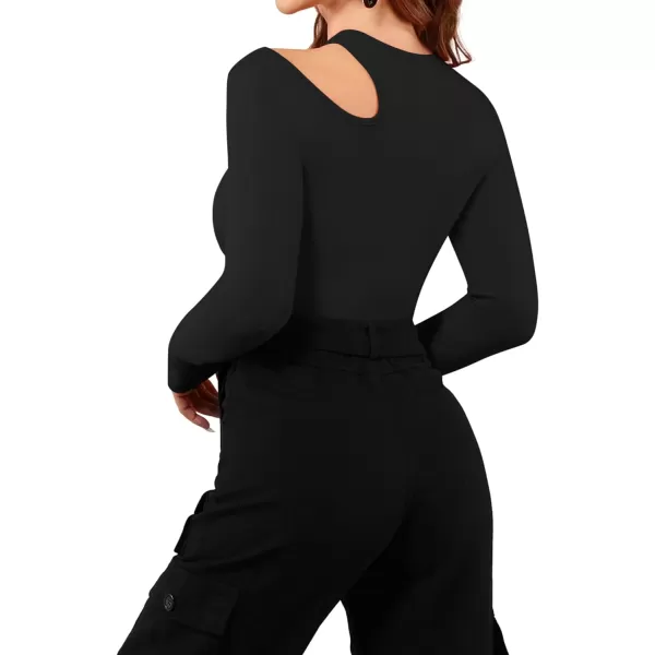 MANGOPOP Sexy Cut Out Round Neck Long Sleeve Bodysuit Tops One Shoulder Off Body Suits for WomensAblack