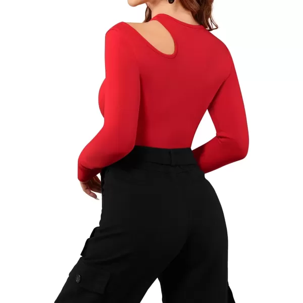 MANGOPOP Sexy Cut Out Round Neck Long Sleeve Bodysuit Tops One Shoulder Off Body Suits for WomensRed