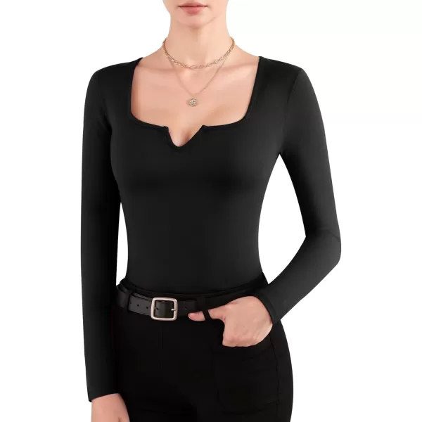 MANGOPOP Sweetheart Neckline Bodysuit Long Sleeve Body Suit for Women Fitted Shirts TopsLong Sleeve Black