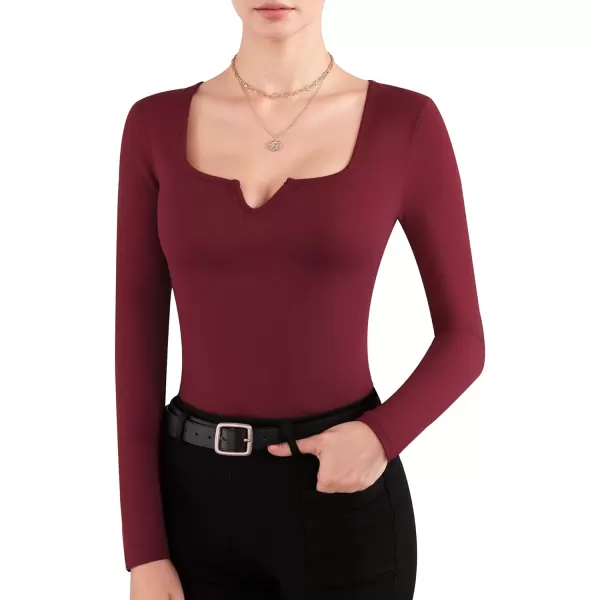 MANGOPOP Sweetheart Neckline Bodysuit Long Sleeve Body Suit for Women Fitted Shirts TopsLong Sleeve Burgundy