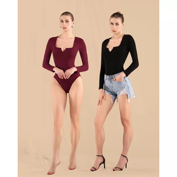 MANGOPOP Sweetheart Neckline Bodysuit Long Sleeve Body Suit for Women Fitted Shirts TopsLong Sleeve Burgundy