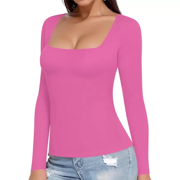 MANGOPOP Womens Long Sleeve Square Neck T Shirts Tops TeesBlush