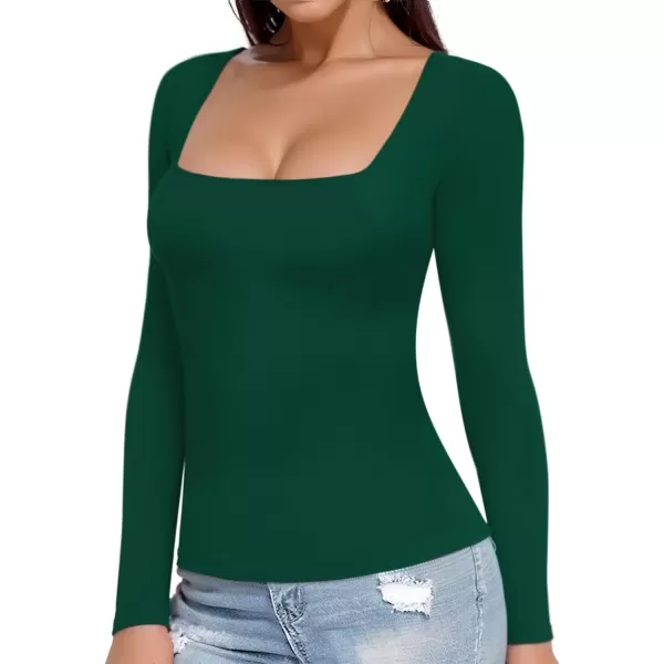 MANGOPOP Womens Long Sleeve Square Neck T Shirts Tops TeesDeep Green