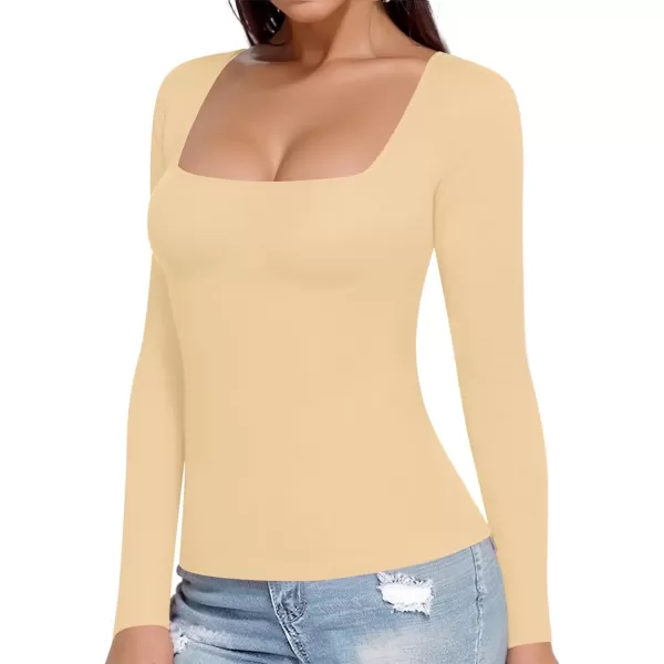 MANGOPOP Womens Long Sleeve Square Neck T Shirts Tops TeesNude