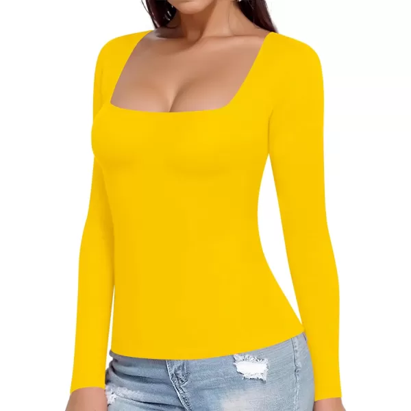 MANGOPOP Womens Long Sleeve Square Neck T Shirts Tops TeesYellow