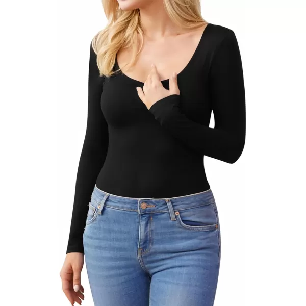 MANGOPOP Womens Scoop Neck Bodysuits Double Lined Long Sleeve Basic TopsBlack