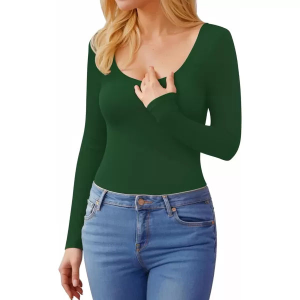 MANGOPOP Womens Scoop Neck Bodysuits Double Lined Long Sleeve Basic TopsDeep Green