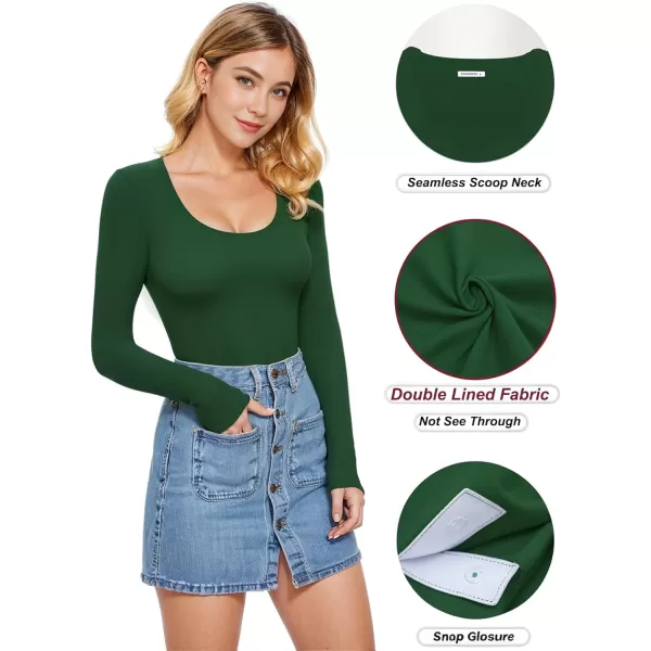 MANGOPOP Womens Scoop Neck Bodysuits Double Lined Long Sleeve Basic TopsDeep Green