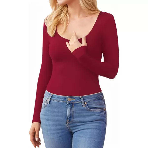 MANGOPOP Womens Scoop Neck Bodysuits Double Lined Long Sleeve Basic TopsLong Sleeve Wine Red