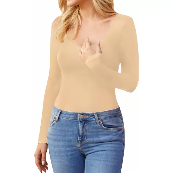 MANGOPOP Womens Scoop Neck Bodysuits Double Lined Long Sleeve Basic TopsNude