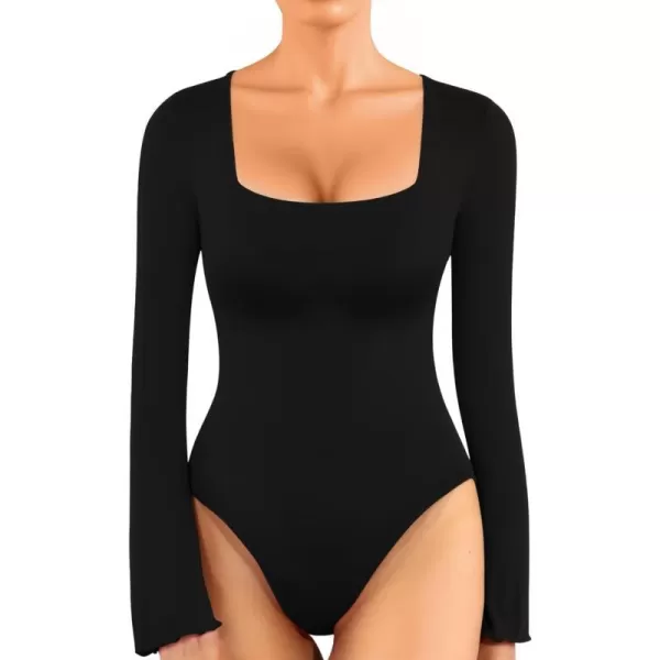 MANGOPOP Long Sleeve Bodysuit for Women Sexy Square Neck Body Suits Flare Sleeves Going Out TopsA Long Sleeve Black