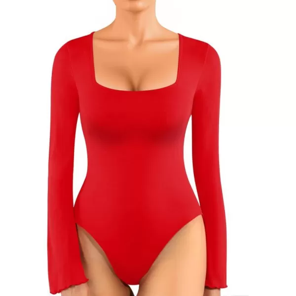 MANGOPOP Long Sleeve Bodysuit for Women Sexy Square Neck Body Suits Flare Sleeves Going Out TopsA Long Sleeve Red